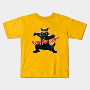 black cat elite kung fu cat fighter in vintage retro style Kids T-Shirt